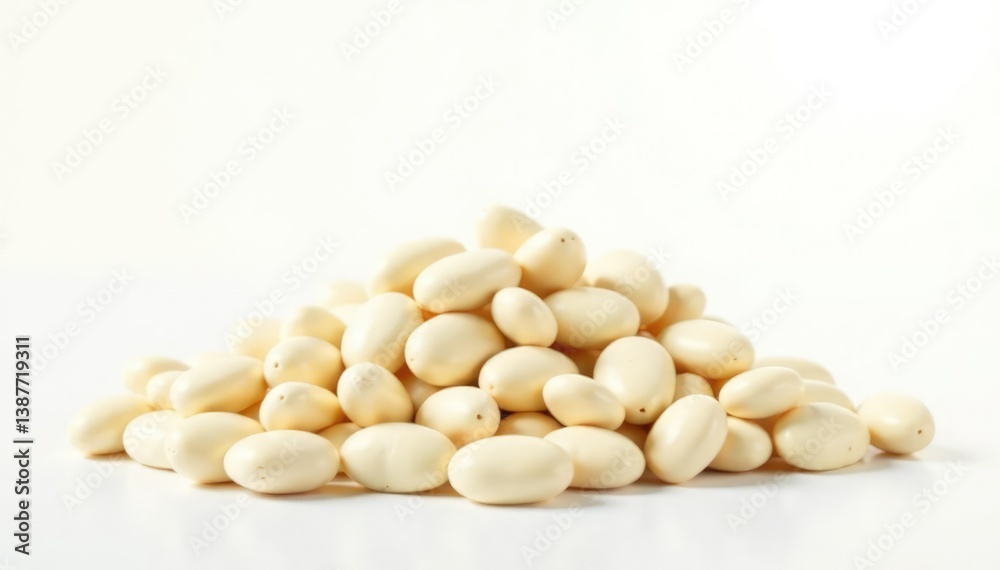 Pile of white beans against stark white backdrop, food, still life Pile of white beans against stark white backdrop, food, still life