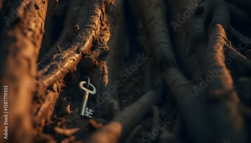 bunch of tree roots with a key on it