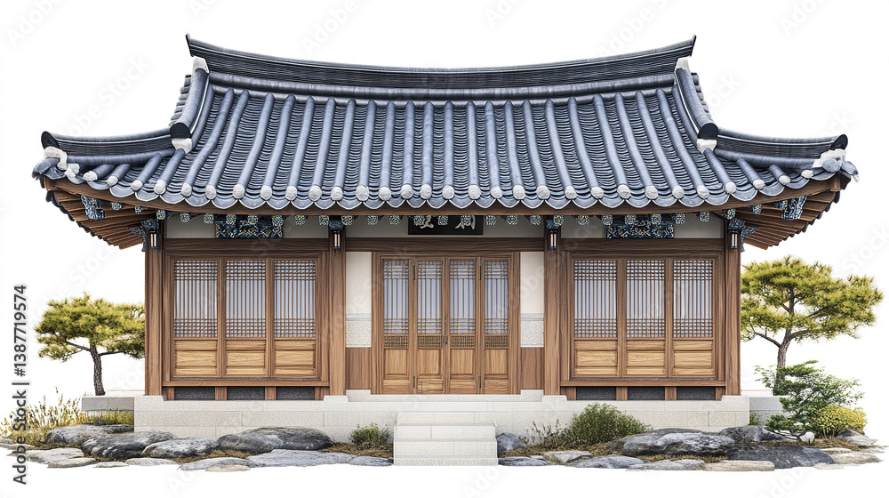 Obraz premium Traditional Korean house with wooden doors and tiled roof on white background