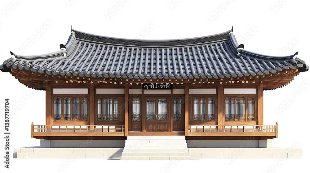 Obraz premium Traditional Korean house with wooden structure and tiled roof