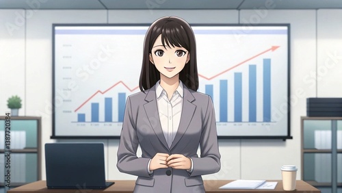 Businesswoman in a stylish suit presents her chart in front of the room
Anime style