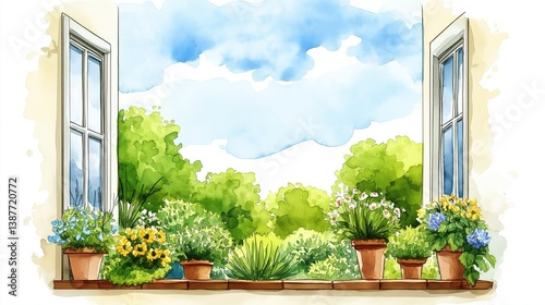 Colorful hand-painted potted plants with flowers and greenery. Ideal for gardening, spring, and nature-themed designs.