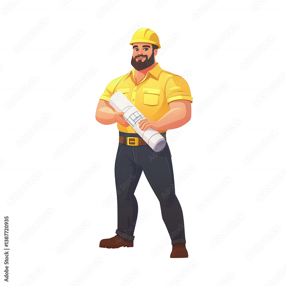 A strong construction worker with a beard, wearing a yellow shirt and hard hat, holding rolled blueprints, ready to tackle his project. Ideal for construction and workforce themes. A strong construction worker with a beard, wearing a yellow shirt and hard hat, holding rolled blueprints, ready to tackle his project. Ideal for construction and workforce themes.
