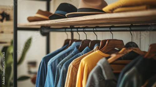 Men's clothing store display rack with shirts and hats fashion apparel shop boutique retail clothes hanger style