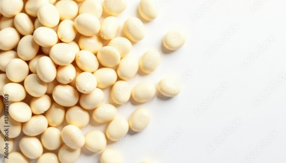 Scattered white beans against pure white backdrop, diet, background, white beans Scattered white beans against pure white backdrop, diet, background, white beans