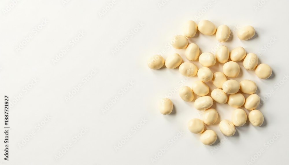 Scattered white beans on pristine white background, isolated, vegetarian, cooking Scattered white beans on pristine white background, isolated, vegetarian, cooking