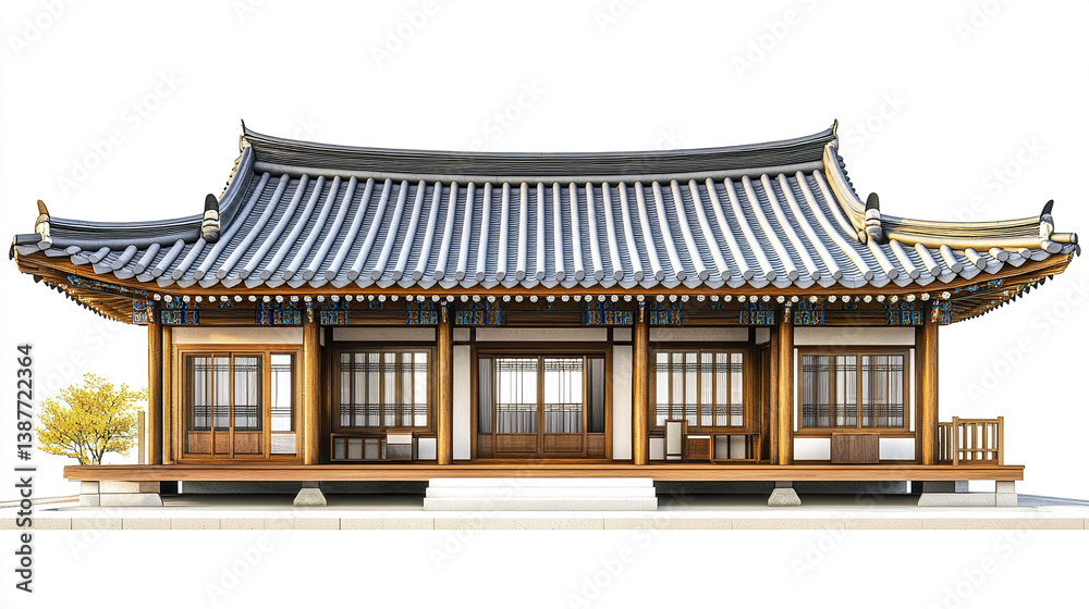 Obraz premium Traditional Korean house with wooden structure and tiled roof