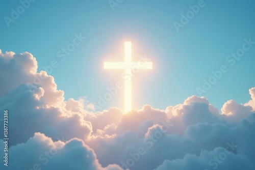 Softly glowing cross in white clouds against a light blue sky, cloud, illumination