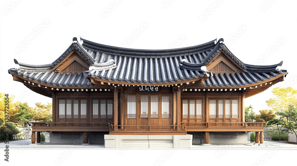 Traditional Korean house with wooden architecture and curved roof Traditional Korean house with wooden architecture and curved roof