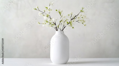 Wallpaper Mural A white vase holds delicate white blossoms. The simple composition features a minimalist aesthetic. The image is high-quality with soft, natural lighting. A calm, serene mood is created by the mute Torontodigital.ca