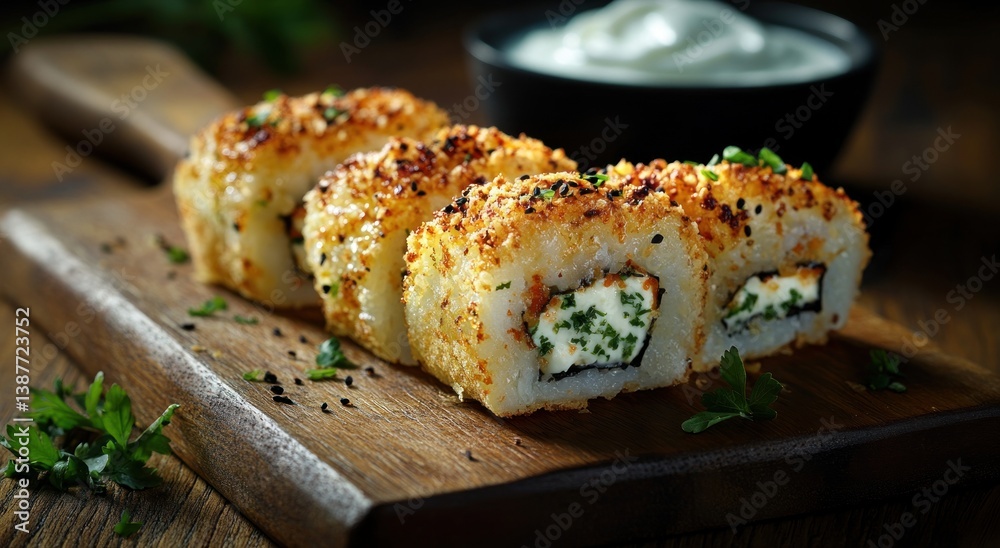Delicious sushi rolls are arranged beautifully on a wooden serving board