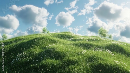 Fototapeta Naklejka Na Ścianę i Meble -  A vibrant green hill under a bright blue sky, dotted with fluffy white clouds, showcasing a serene and picturesque natural landscape.
