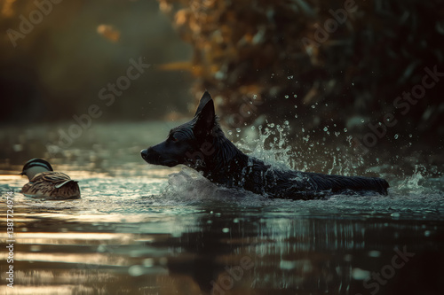 Black dog swimming through a shimmering lake at sunset, eagerly retrieving a duck for its hunter, creating ripples in the water