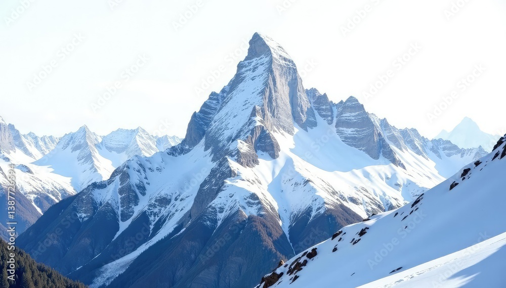 Obraz premium Snow-covered mountain peak against bright white sky, natural, white, scene