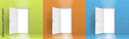 The interior of an empty room with a colored wall and an open door. The front door. 
 Free space for copying, 3d image.