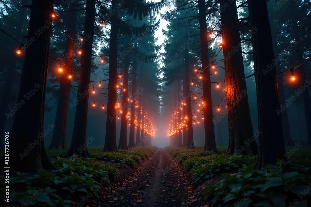 Naklejka premium Twinkling lights in the forest canopy at dusk, sunset, dusk, twinkling lights