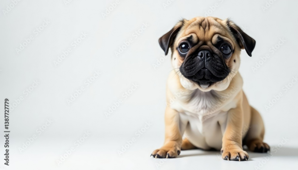 Obraz premium Solo pug, looking directly at camera, on plain white backdrop, canine portrait, puppy