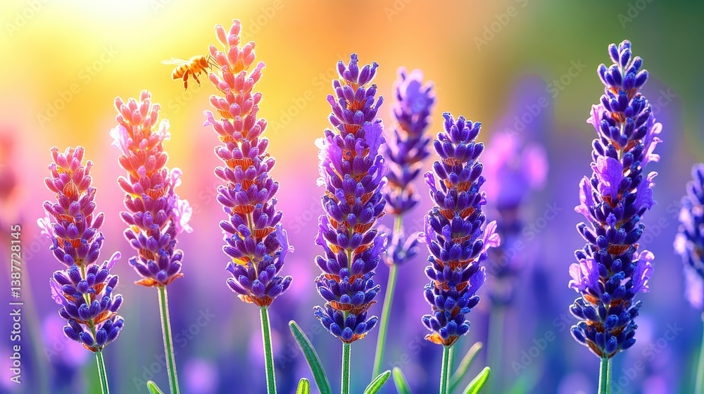 Naklejka premium Vibrant lavender fields stretch endlessly under a golden sunset, inviting tranquility and beauty in full bloom