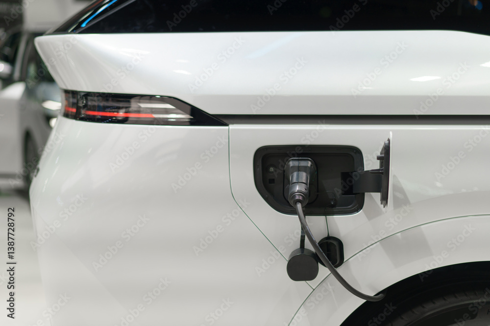 Fototapeta premium Electric Car Charging Port on a White Vehicle