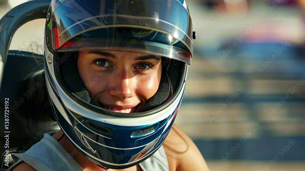 Smiling young woman in racing helmet looking at camera during karting session. Concept of confidence and joy in adrenaline sports Smiling young woman in racing helmet looking at camera during karting session. Concept of confidence and joy in adrenaline sports