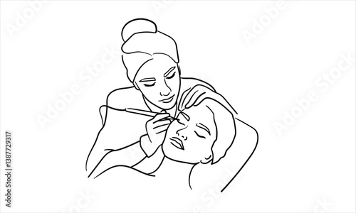Girl cosmetologist doing a procedure to a client, continious line drawing. Care procedures, cosmetics, beauty salon outline. Vector illustration