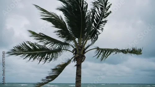 Resilient Palm Tree Amidst the Gale: A lone palm tree valiantly battles against a powerful gale, its fronds whipping fiercely under a stormy sky, embodying resilience in the face of nature's fury.