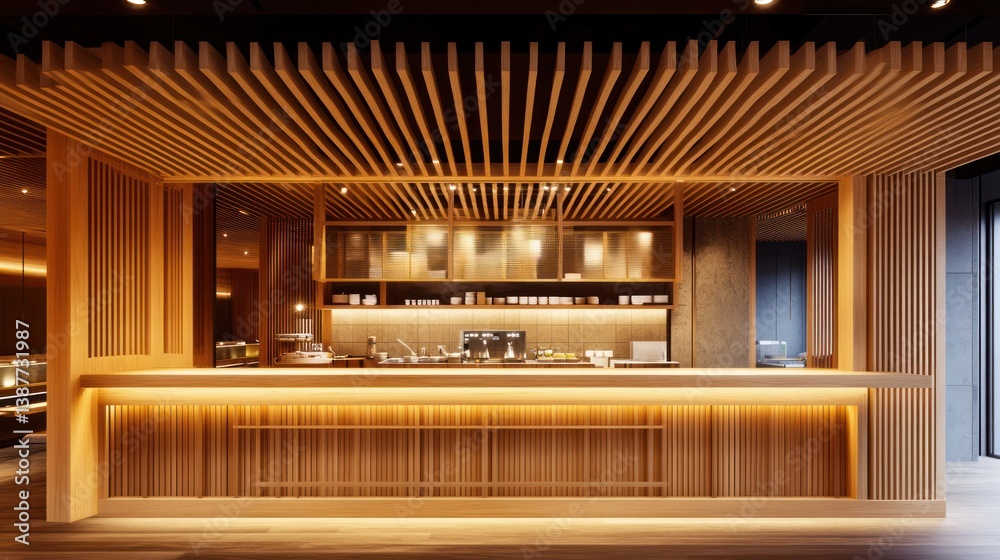 Modern Japanese-style cafe counter, bright interior. Possible use Restaurant advertisement Modern Japanese-style cafe counter, bright interior. Possible use Restaurant advertisement