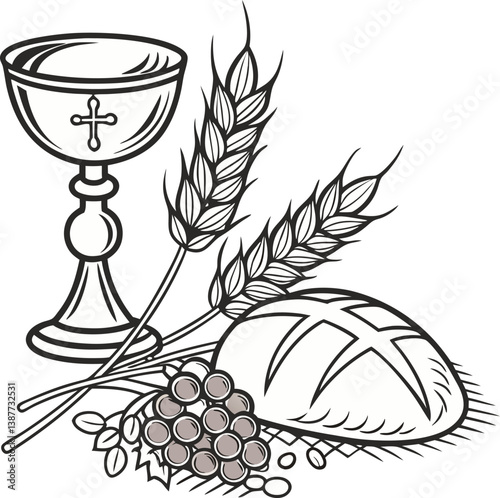 Corpus Christi Symbolic Illustration with Bread, Wine, Grapes, and Wheat – Religious Vector Art