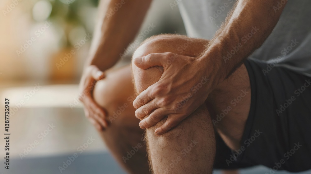 Fototapeta premium Man suffering from knee pain after exercising at home