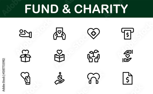Professional Fund and Charity Icon Set Vector Illustration. Most Useful Icons for Donations, Volunteering, and Social Good