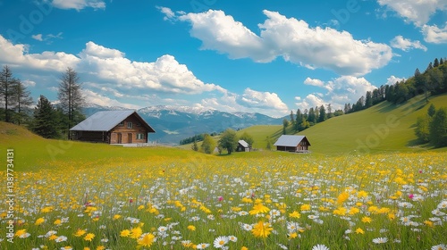 Colorful mountain field with scattered houses and blooming flowers. Perfect for rural life, travel, and scenic visuals.