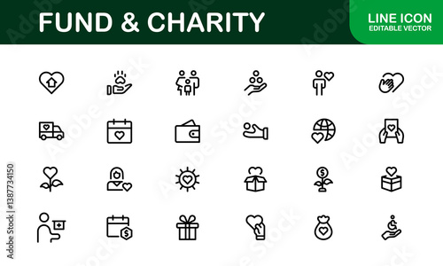 Professional Fund and Charity Icon Set Vector Illustration. Most Useful Icons for Donations, Volunteering, and Social Good