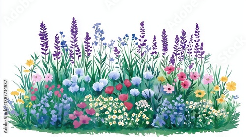 Illustrated floral garden with colorful flowers, greenery, and stones. Great for spring, decor, and botanical themes.