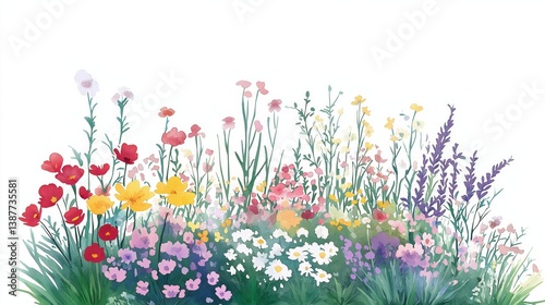 Illustrated floral garden with colorful flowers, greenery, and stones. Great for spring, decor, and botanical themes.