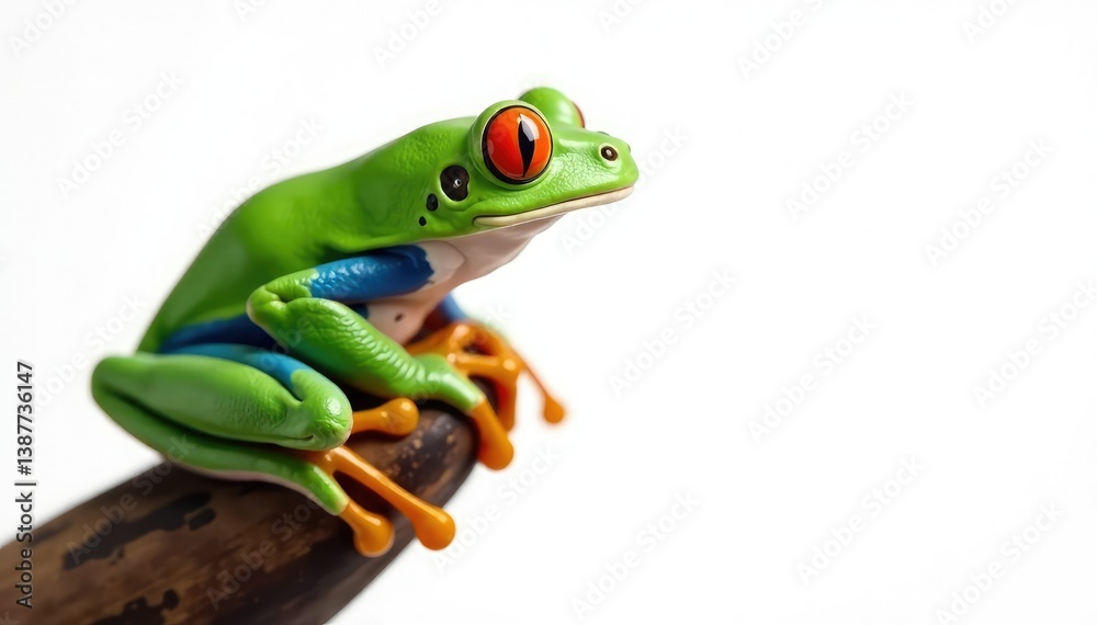 Naklejka premium Green tree frog perched on white, vibrant color , isolated, copy space