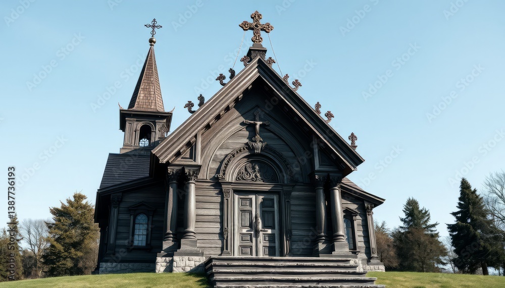 Naklejka premium Gray Weathered Wooden Church Exterior on Sunny Day