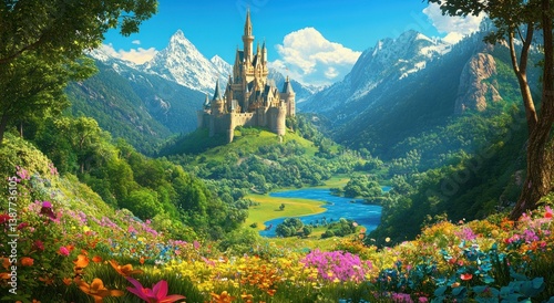 A majestic fairytale castle sits upon a lush green mountain