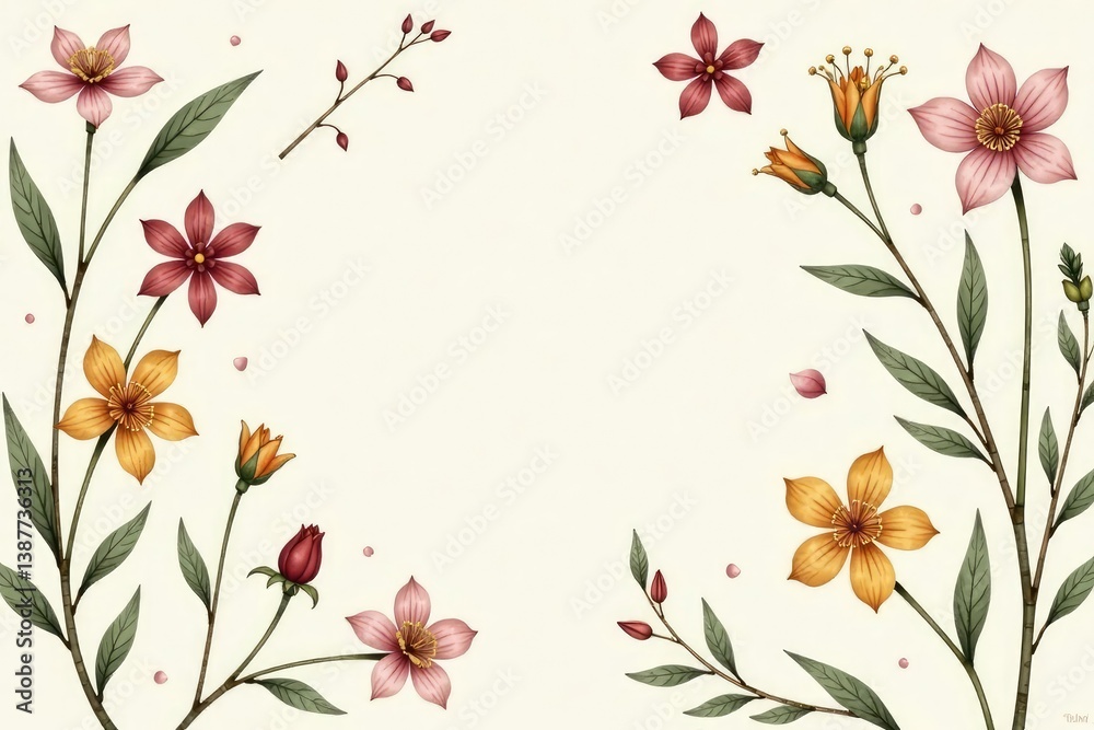 Obraz premium Hand-drawn botanical illustrations, delicate floral motifs on a neutral background for a calming interior pattern , design element, flower, graphic