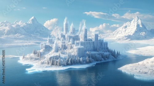 Frozen castle island, snowy mountains, ice-covered landscape, fantasy, digital art, possible use book cover, wallpaper