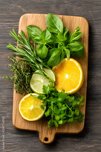Natural wood cutting board with fresh organic herbs and sliced citrus fruits symbolizing natural wellness and healthy living  
