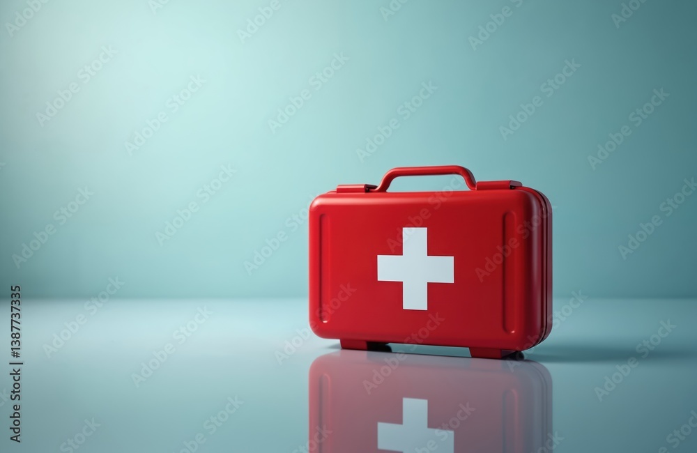 Obraz premium Red first aid kit with white cross symbol reflects on surface. Symbol of emergency medical care, support, health, aid. Indoor studio shot, clean, simple design. Portable box for quick first