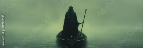 Dark figure in a boat on a misty sea photo
