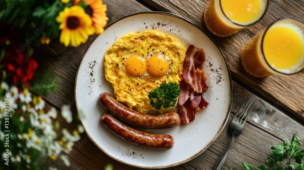 Scrumptious breakfast plate with eggs, bacon, and sausage Scrumptious breakfast plate with eggs, bacon, and sausage