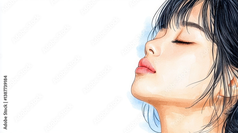 Woman with long hair practicing deep breathing exercises while wearing red lipstick in a calm environment Woman with long hair practicing deep breathing exercises while wearing red lipstick in a calm environment