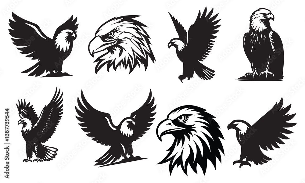 Obraz premium set of eagle vector silhouette illustration ,Black and white rooster and cock vector illustration with bird and tattoo style elements