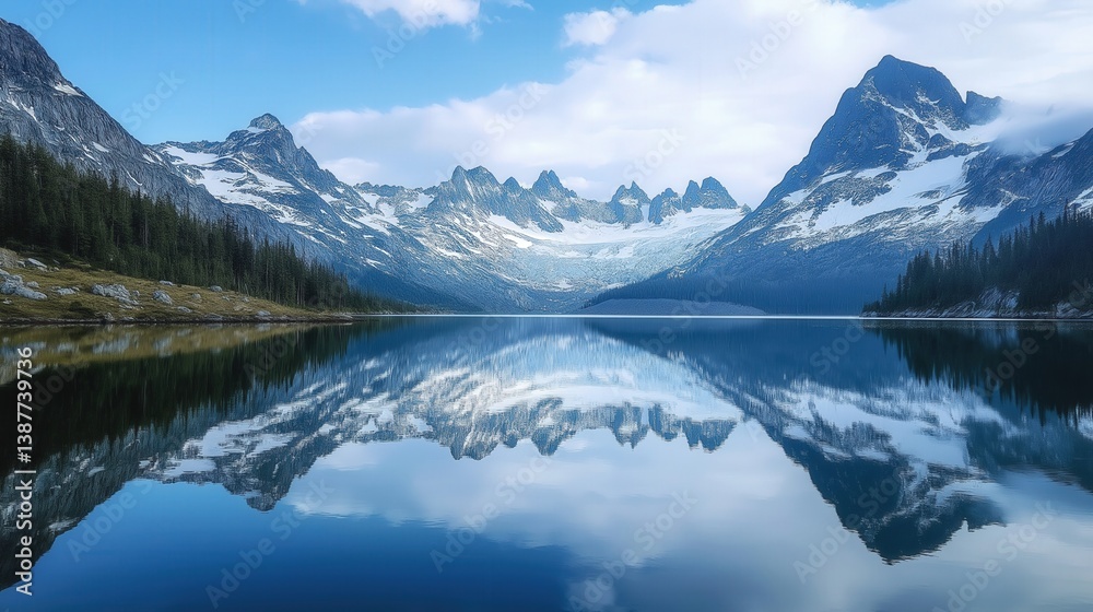 Crystal-clear mountain lake with snowy reflections and blue skies. Ideal for travel, nature, and landscape visuals.