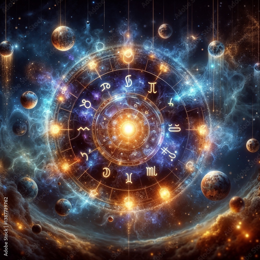 Obraz premium Celestial Zodiac Symbols in a Cosmic Galaxy Background 