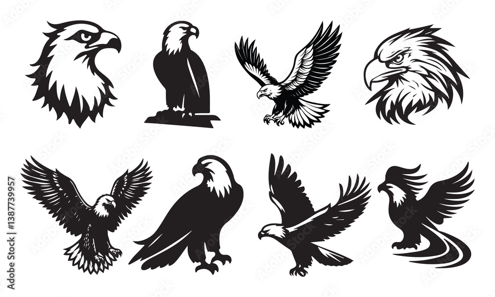 Fototapeta premium Eagle silhouettes set, large pack of vector silhouette design, isolated white background