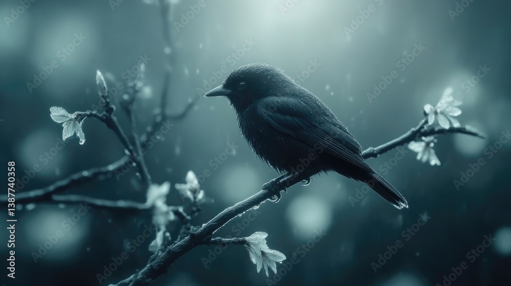 Fototapeta premium A dark bird perched on a branch, bathed in soft light, during a misty rain. Delicate white flowers and budding leaves add a touch of spring