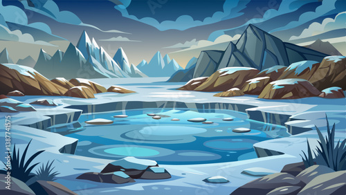 Frozen Lake with Methane Bubbles and Snowy Mountain Landscape Scenery cartoon